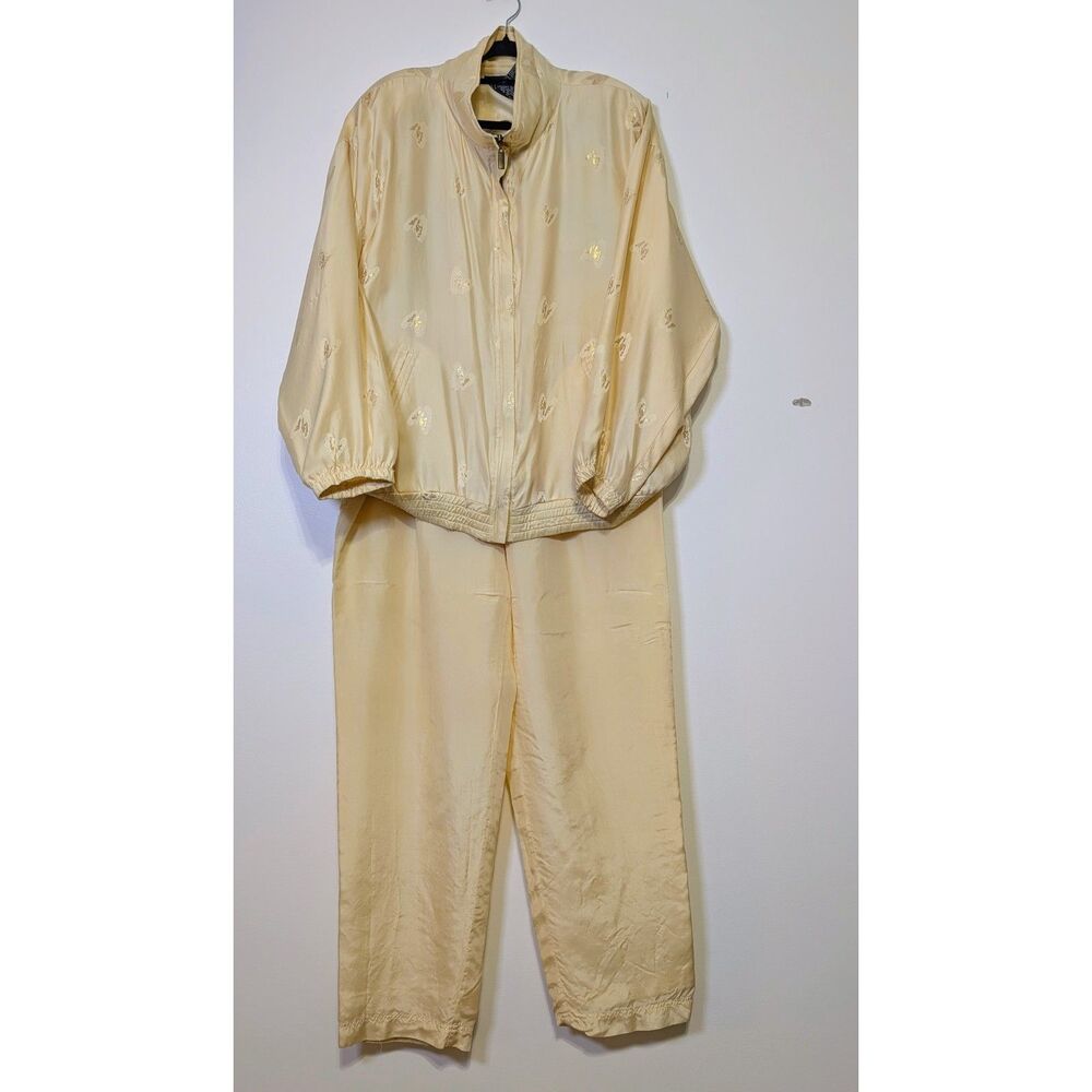 Vintage 90s Silk Butterfly Tracksuit Set Champagne Boho Luxe Size L Pale Yellow - Picture 2 of 15
